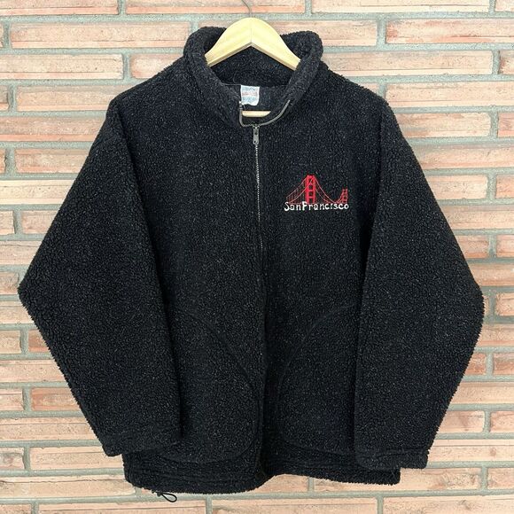 Vintage San Francisco Bridge Souvenir Small Black Sherpa Fleece Zip Jacket - Picture 1 of 6